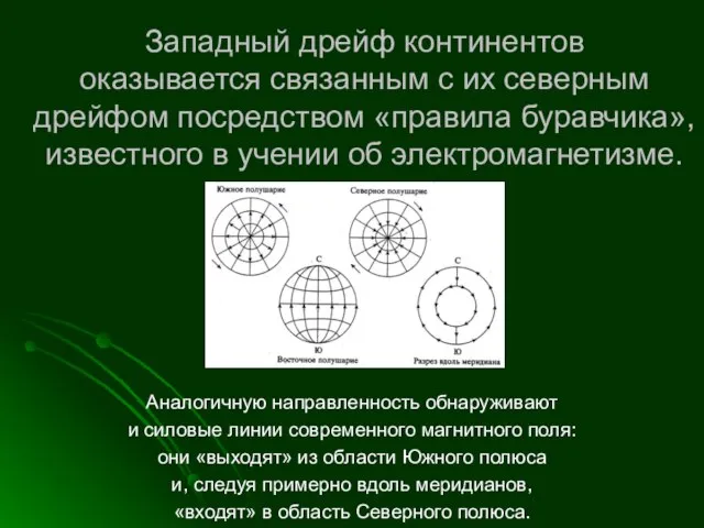 Западный дрейф континентов оказывается связанным с их северным дрейфом посредством «правила буравчика»,