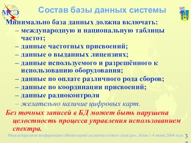 Состав базы данных системы Минимально база данных должна включать: международную и национальную