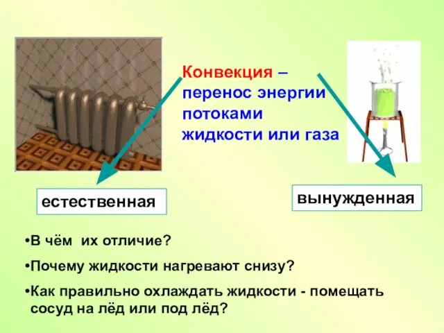 Конвекция – перенос энергии потоками жидкости или газа естественная вынужденная В чём