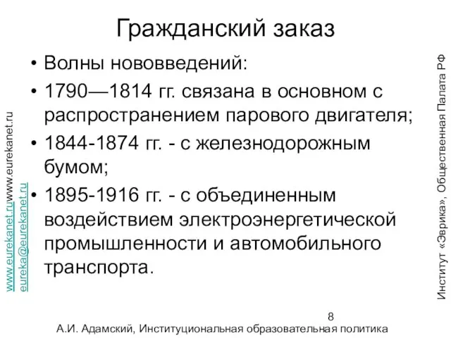 Гражданский заказ Волны нововведений: 1790—1814 гг. связана в основном с распространением парового