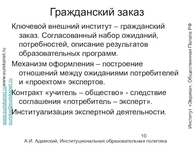 Гражданский заказ Ключевой внешний институт – гражданский заказ. Согласованный набор ожиданий, потребностей,