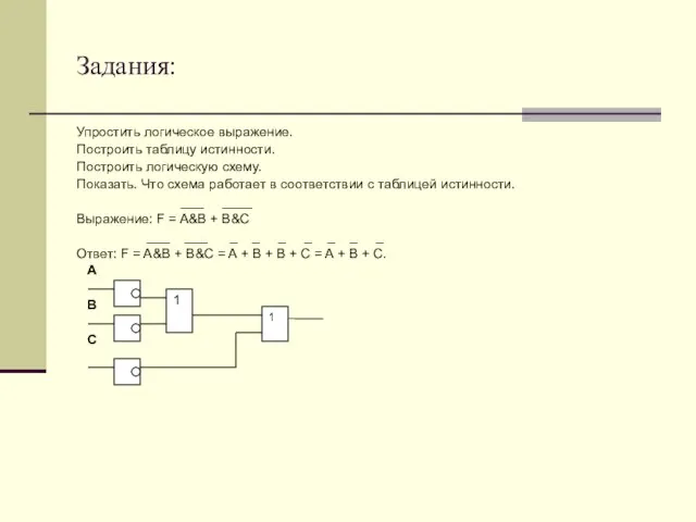 Задания: Упростить логическое выражение. Построить таблицу истинности. Построить логическую схему. Показать. Что