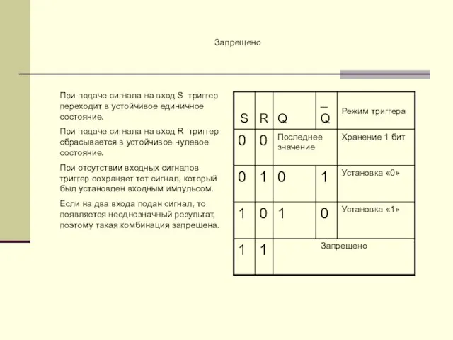 Запрещено При подаче сигнала на вход S триггер переходит в устойчивое единичное