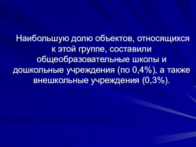 Наибольшую долю объектов, относящихся к этой группе, составили общеобразовательные школы и дошкольные