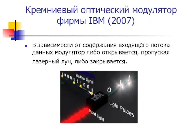 Кремниевый оптический модулятор фирмы IBM (2007) В зависимости от содержания входящего потока