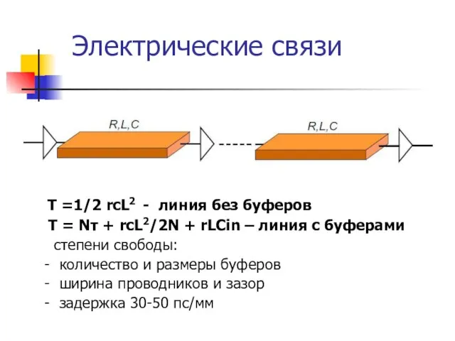 Электрические связи T =1/2 rcL2 - линия без буферов T = Nτ