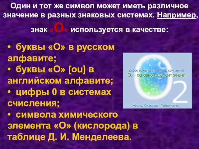 Один и тот же символ может иметь различное значение в разных знаковых