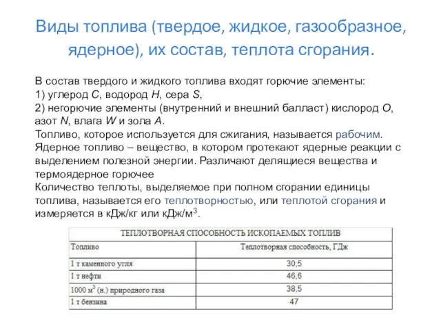 Виды топлива (твердое, жидкое, газообразное, ядерное), их состав, теплота сгорания. В состав