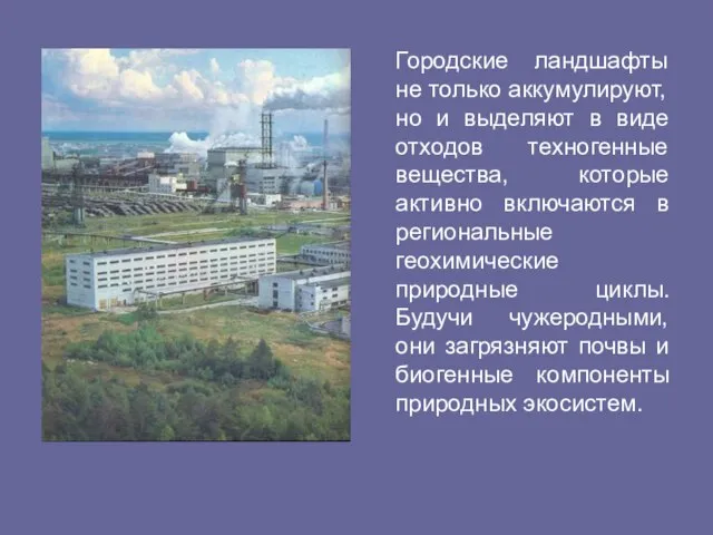 Городские ландшафты не только аккумулируют, но и выделяют в виде отходов техногенные