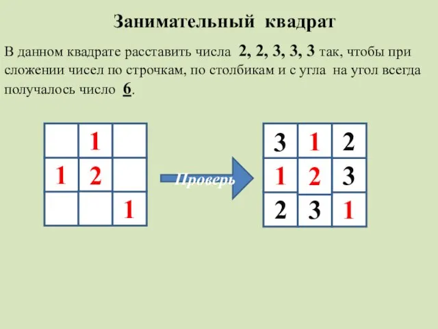 Занимательный квадрат В данном квадрате расставить числа 2, 2, 3, 3, 3