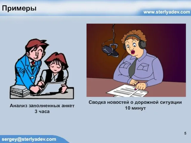 Примеры Сводка новостей о дорожной ситуации 10 минут Анализ заполненных анкет 3 часа