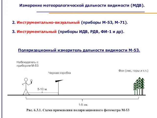 Измерение метеорологической дальности видимости (МДВ). 2. Инструментально-визуальный (приборы М-53, М-71). 3. Инструментальный
