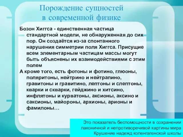 Порождение сущностей в современной физике Бозон Хиггса - единственная частица стандартной модели,