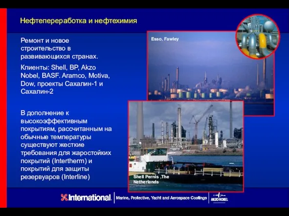 Нефтепереработка и нефтехимия Ремонт и новое строительство в развивающихся странах. Клиенты: Shell,