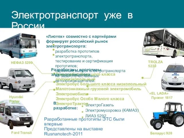 Электротранспорт уже в России Разработанные прототипы ЭТС были впервые Представлены на выставке