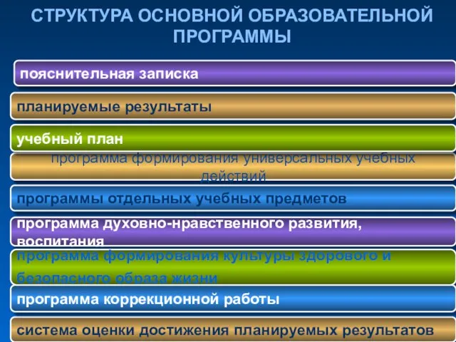 СТРУКТУРА ОСНОВНОЙ ОБРАЗОВАТЕЛЬНОЙ ПРОГРАММЫ планируемые результаты программа духовно-нравственного развития, воспитания программа формирования