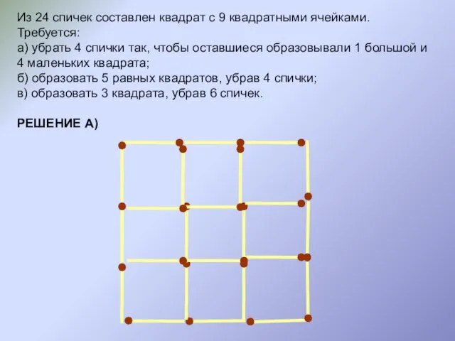Из 24 спичек составлен квадрат с 9 квадратными ячейками. Требуется: а) убрать