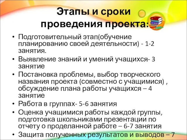 Этапы и сроки проведения проекта: Подготовительный этап(обучение планированию своей деятельности) - 1-2