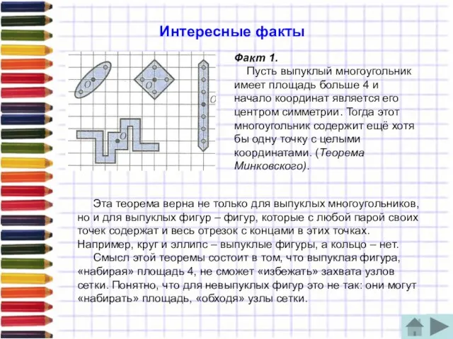 Интересные факты Факт 1. Пусть выпуклый многоугольник имеет площадь больше 4 и