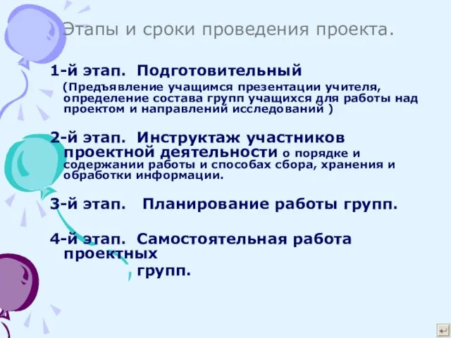 Этапы и сроки проведения проекта. 1-й этап. Подготовительный (Предъявление учащимся презентации учителя,