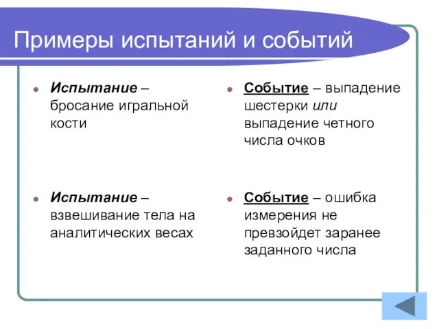 Примеры испытаний и событий Испытание – бросание игральной кости Событие – выпадение