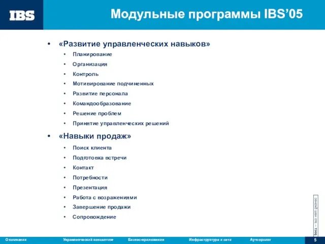 Модульные программы IBS’05 «Развитие управленческих навыков» Планирование Организация Контроль Мотивирование подчиненных Развитие