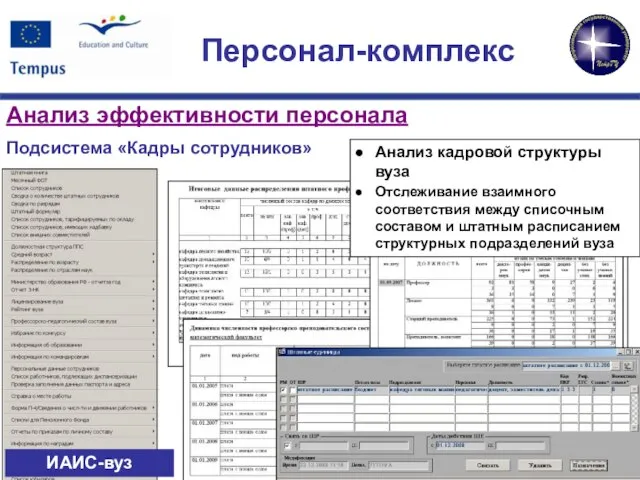 Подсистема «Кадры сотрудников» ИАИС-вуз Анализ эффективности персонала Персонал-комплекс Анализ кадровой структуры вуза