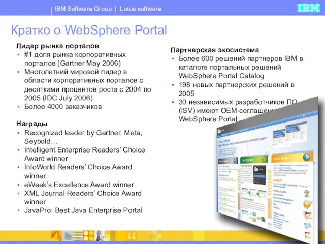 Кратко о WebSphere Portal Лидер рынка порталов #1 доля рынка корпоративных порталов