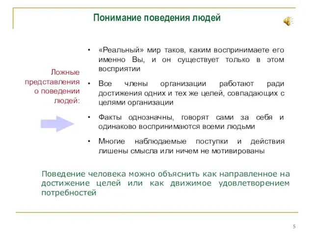 Понимание поведения людей «Реальный» мир таков, каким воспринимаете его именно Вы, и