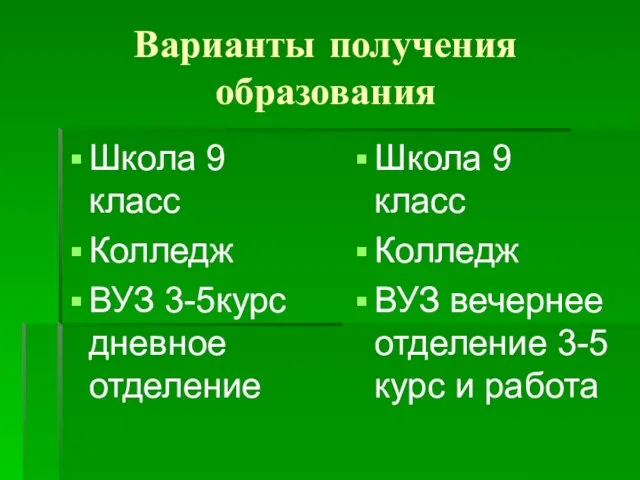 Варианты получения образования Школа 9 класс Колледж ВУЗ 3-5курс дневное отделение Школа