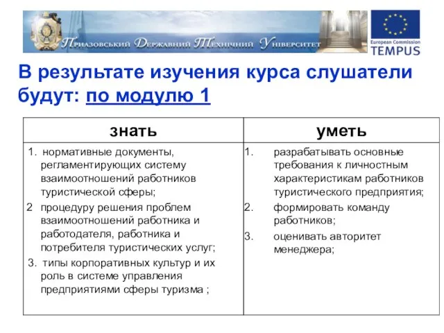 В результате изучения курса слушатели будут: по модулю 1