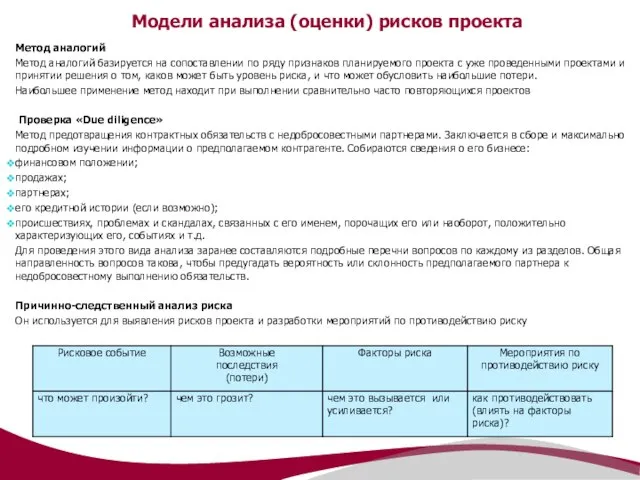 Модели анализа (оценки) рисков проекта Метод аналогий Метод аналогий базируется на сопоставлении