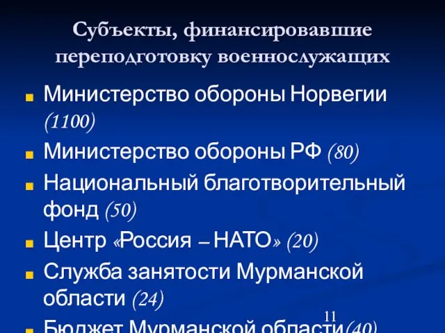 Субъекты, финансировавшие переподготовку военнослужащих Министерство обороны Норвегии (1100) Министерство обороны РФ (80)