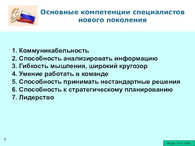 Основные компетенции специалистов нового поколения Morgan Hunt, 2008 г. 1. Коммуникабельность 2.