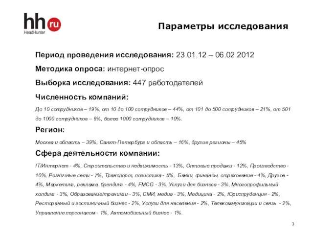 Параметры исследования Период проведения исследования: 23.01.12 – 06.02.2012 Методика опроса: интернет-опрос Выборка