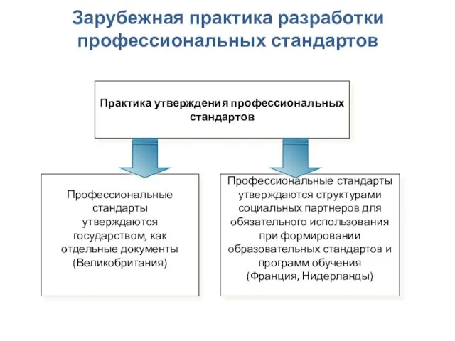 Зарубежная практика разработки профессиональных стандартов Профессиональные стандарты утверждаются государством, как отдельные документы