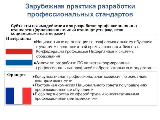 Зарубежная практика разработки профессиональных стандартов Субъекты взаимодействия для разработки профессиональных стандартов (профессиональный