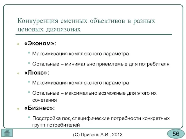 Конкуренция сменных объективов в разных ценовых диапазонах «Эконом»: Максимизация комплексного параметра Остальные