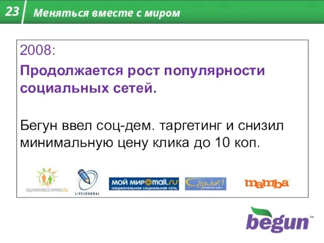 Меняться вместе с миром 2008: Продолжается рост популярности социальных сетей. Бегун ввел