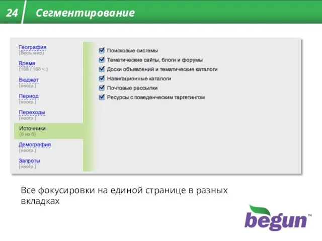 Сегментирование Все фокусировки на единой странице в разных вкладках Сегментирование