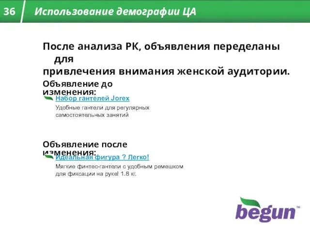 После анализа РК, объявления переделаны для привлечения внимания женской аудитории. Объявление после