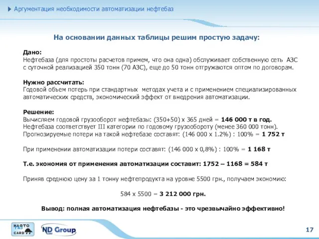 17 На основании данных таблицы решим простую задачу: Аргументация необходимости автоматизации нефтебаз