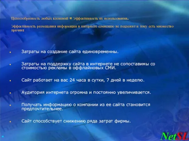 Целесообразность любых вложений = Эффективность их использования. Эффективность размещения информации в интернете