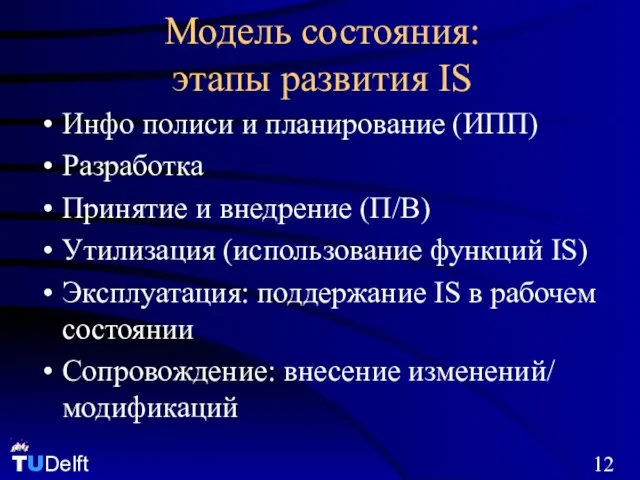 Модель состояния: этапы развития IS Инфо полиси и планирование (ИПП) Разработка Принятие