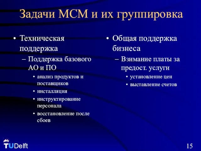 Задачи MCM и их группировка Техническая поддержка Поддержка базового АО и ПО