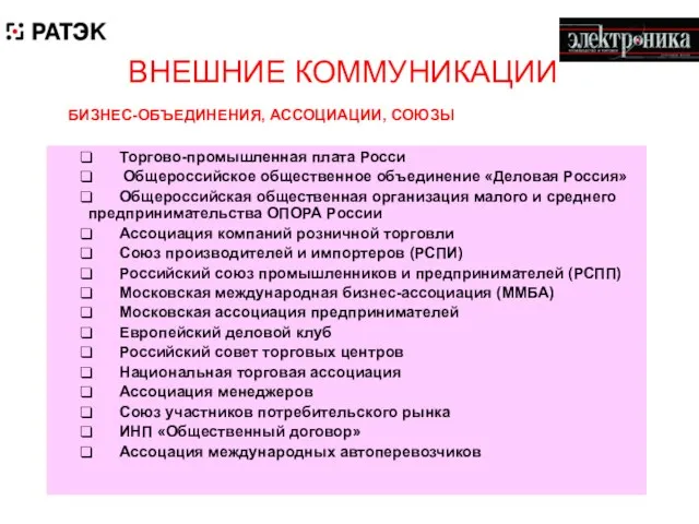 ВНЕШНИЕ КОММУНИКАЦИИ БИЗНЕС-ОБЪЕДИНЕНИЯ, АССОЦИАЦИИ, СОЮЗЫ ❑ Торгово-промышленная плата Росси ❑ Общероссийское общественное