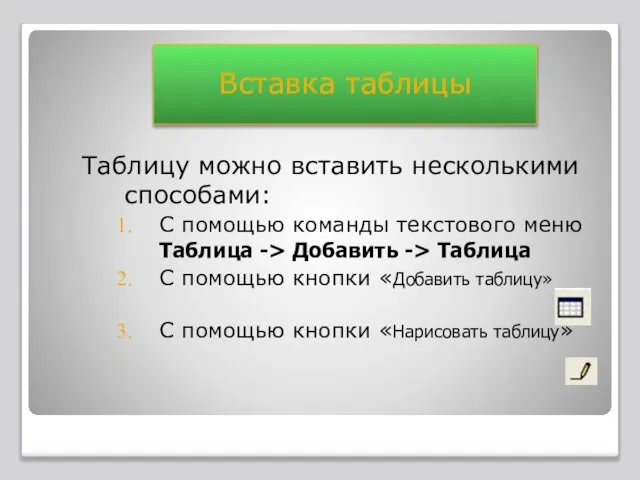 Таблицу можно вставить несколькими способами: С помощью команды текстового меню Таблица ->