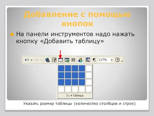 Добавление с помощью кнопок На панели инструментов надо нажать кнопку «Добавить таблицу»