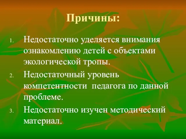 Причины: Недостаточно уделяется внимания ознакомлению детей с объектами экологической тропы. Недостаточный уровень