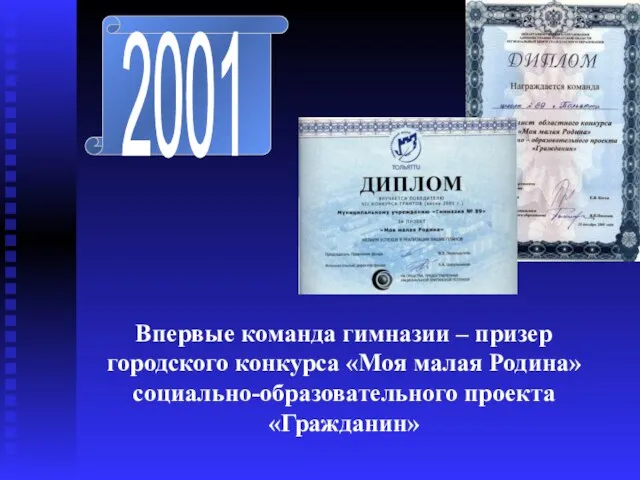 2001 Впервые команда гимназии – призер городского конкурса «Моя малая Родина» социально-образовательного проекта «Гражданин»